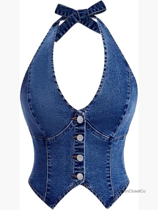 Tops - Denim Halter Top Tie Backless Button Front Slim Fit Vest